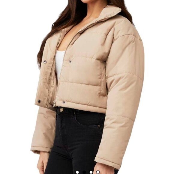 THE FIFTH LABEL Tan Cropped Puffer Jacket Women’s XS Beige Quilted Coat Zip Up - Picture 2 of 8